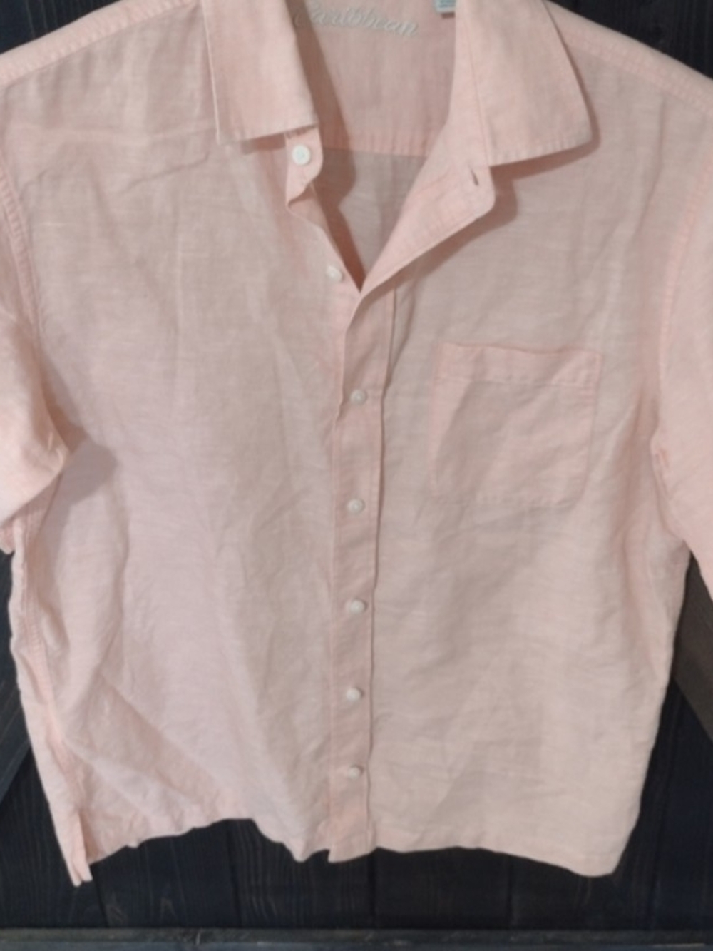 Caribbean Men's Light Coral Linen Button-Down Short Sleeve Shirt Coastal Resort